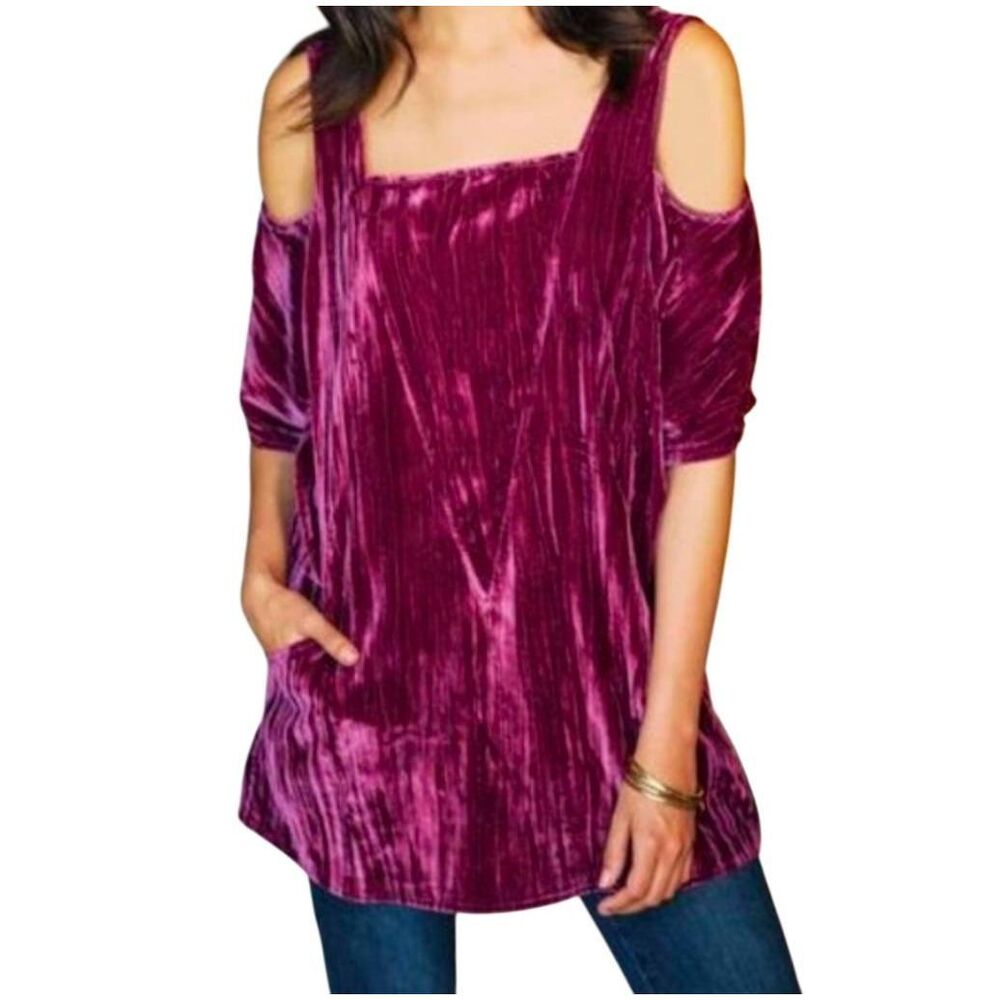 Soft Surroundings Dark Pink crinkle velvet cold shoulder top tunic M petite